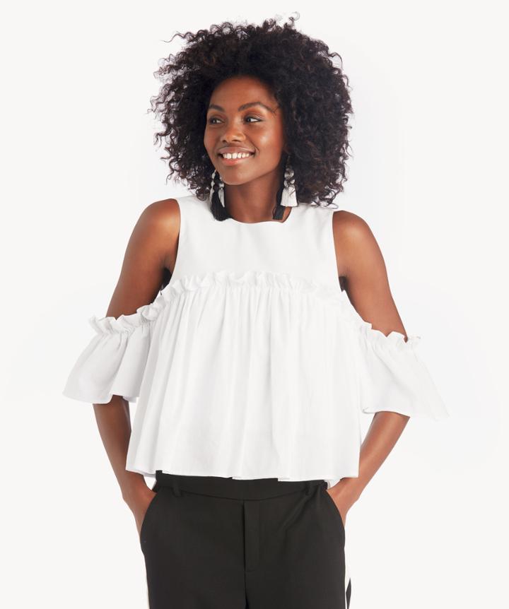 J.o.a. J.o.a. Cold Shoulder Top With Ruffled Sleeves