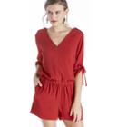 1. State 1. State Drawstring Sleeve V-neck Romper - Dark Rust-xs