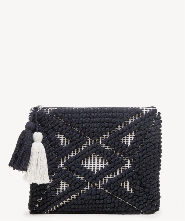 Sole Society Sole Society Palisades Woven Pattern Pouch Bag W/ Tassels Black White Fabric