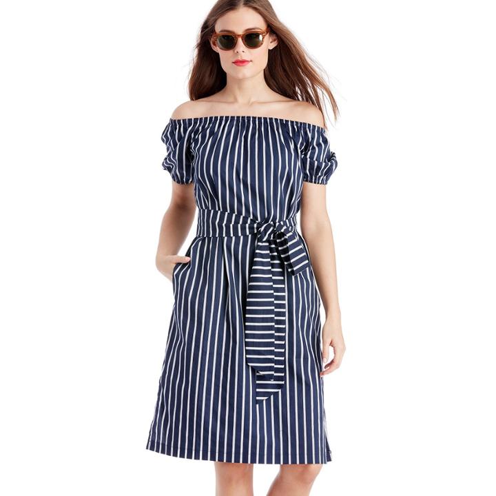 J.o.a. J.o.a. Stripe Off The Shoulder Midi Dress - Navy Multi-x-small