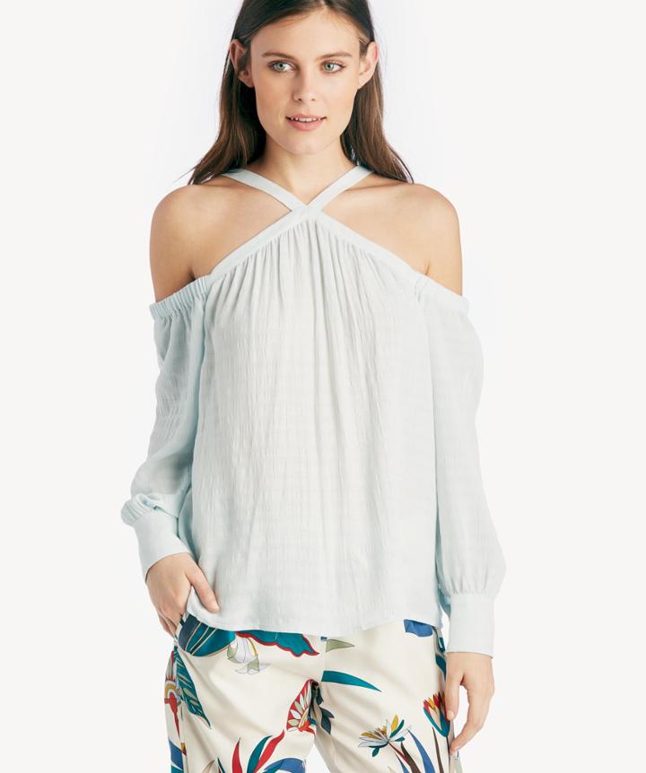 1. State 1. State High Neck Cold Shoulder Blouson Blouse