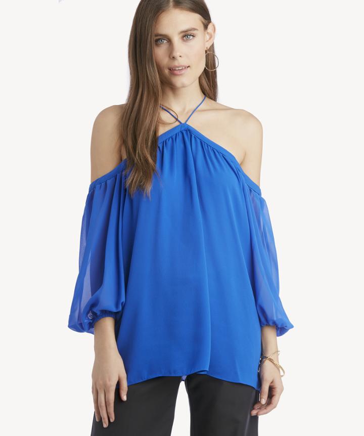 1. State 1. State Women's Long Sleeve High Neck Blouse With Chiffon Sleeves In Color: Cobalt Blue Size Large From Sole Society