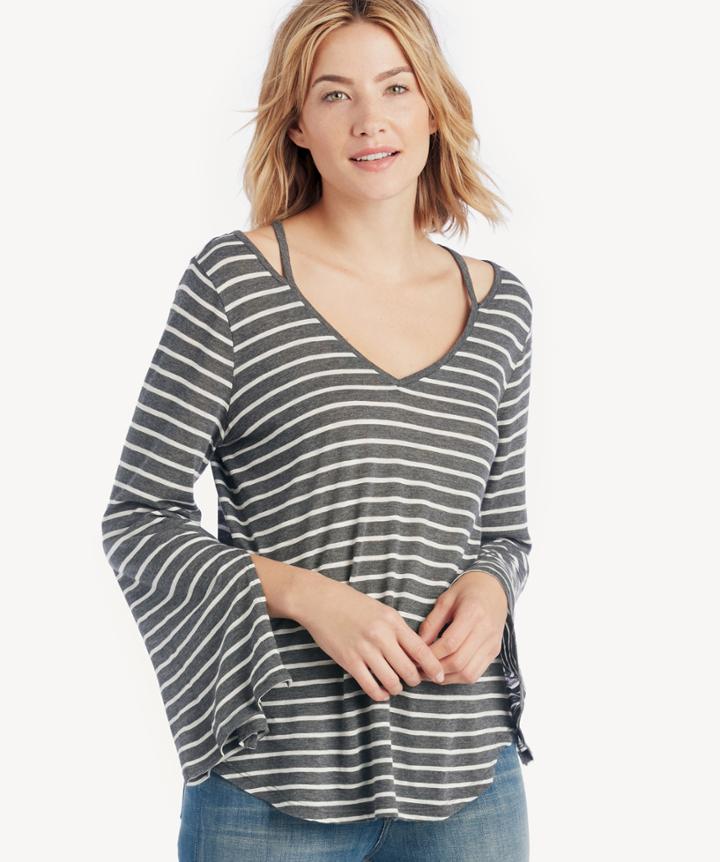Vince Camuto Vince Camuto Ls Split Cuff V Neck Rapid Simpe Stripe Top Heather Grey Size Extra Small From Sole Society