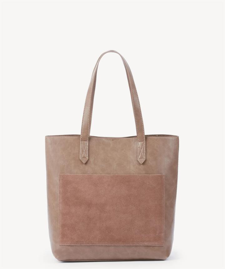 Sole Society Sole Society Trish Shopper Tote W/ Genuine Suede Front Pocket Taupe Vegan Leather