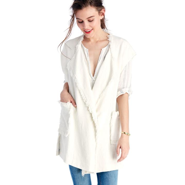 Moon River Moon River Frayed Trim Vest - Natural-x-small