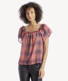 Vince Camuto Vince Camuto Women's Short Sleeve Sunset Plaid Square Neck Blouse In Color: Rouge Blush Size Xs From Sole Society