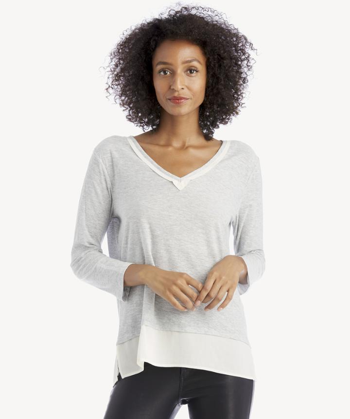 Vince Camuto Vince Camuto Women's V Neck Woven Hem Layered Top In Color: Grey Heather Size Xs From Sole Society