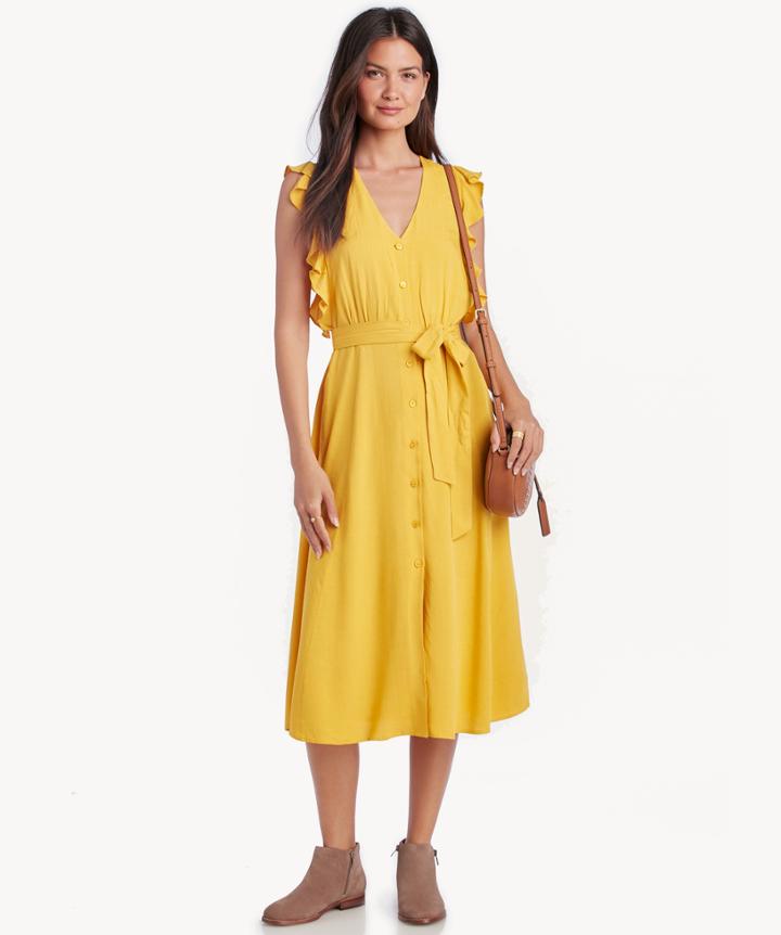 1. State 1. State Women's Buttondown Midi Dress With Ruffles In Color: Rich Marigold Size Xs From Sole Society