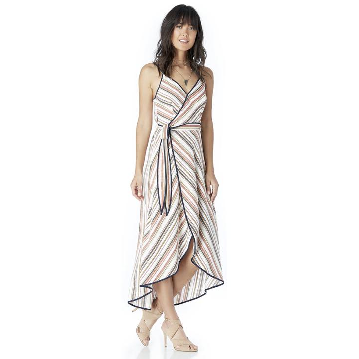 Moon River Moon River Sleeveless Striped Wrap Dress - Orange Multi