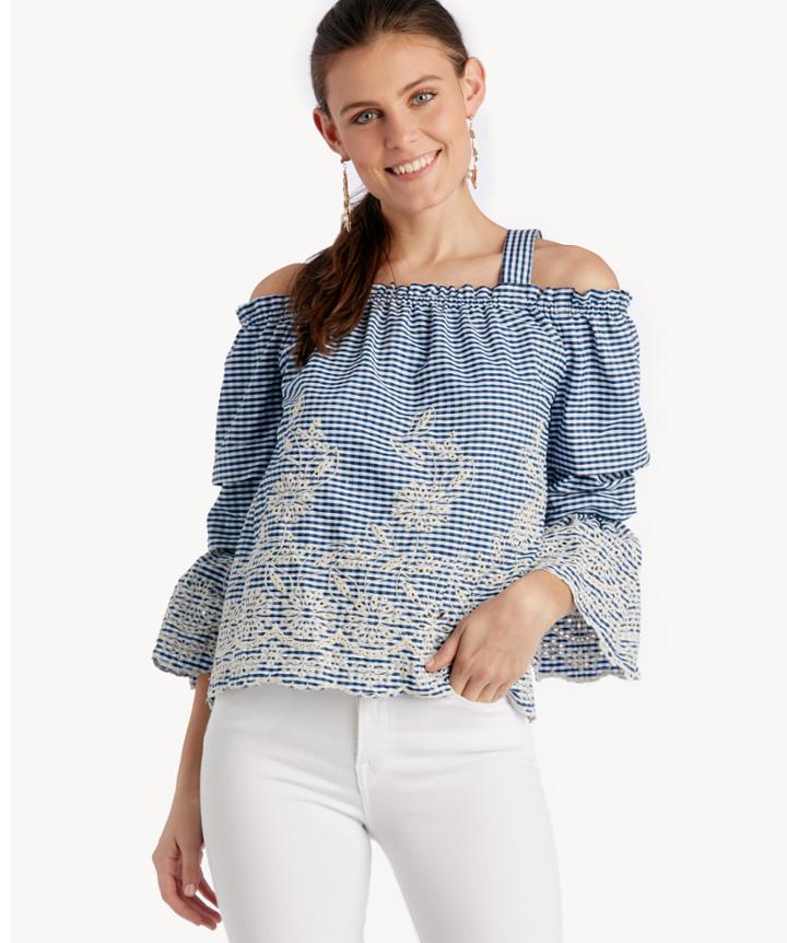 J.o.a. J.o.a. Embroidered Cold Shoulder Top With Tiered Sleeves Navy Gingham Size Extra Small From Sole Society