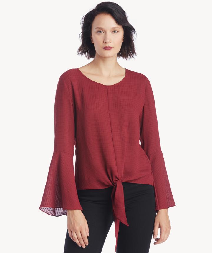 1. State 1. State Women's Bell Sleeve Tie Front Gauze Plaid Top In Color: Rich Chianti Size Xs From Sole Society