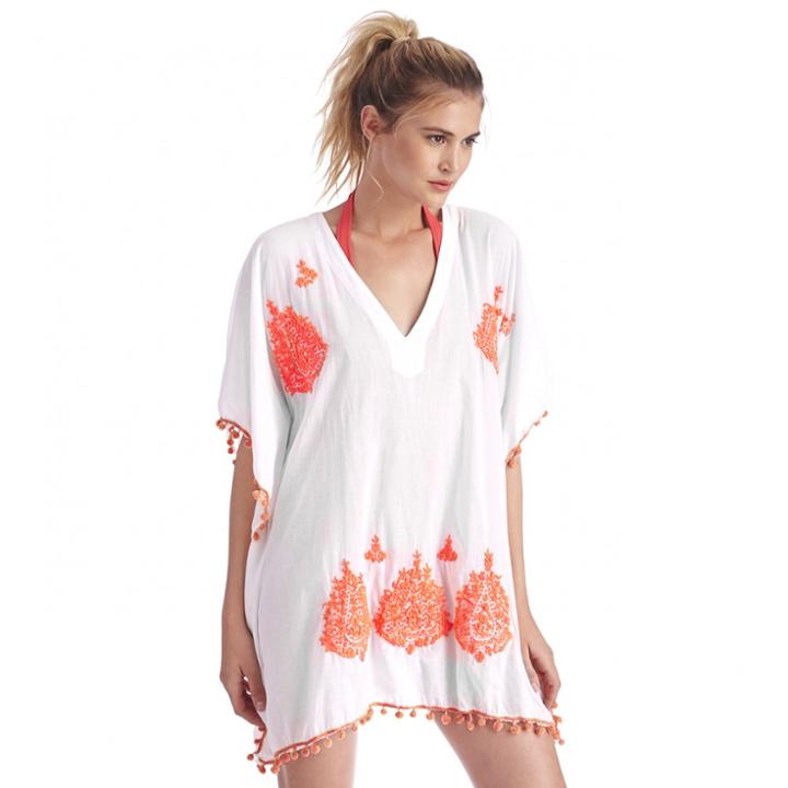 Sole Society Sole Society Embroidered Caftan With Poms - White Orange-one Size