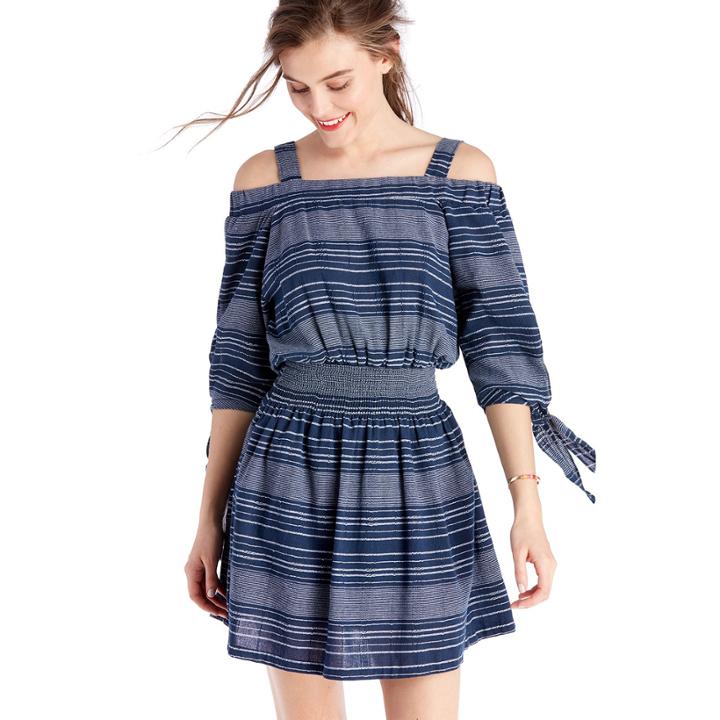 Moon River Moon River Striped Off The Shoulder Dress - Navy-x-small