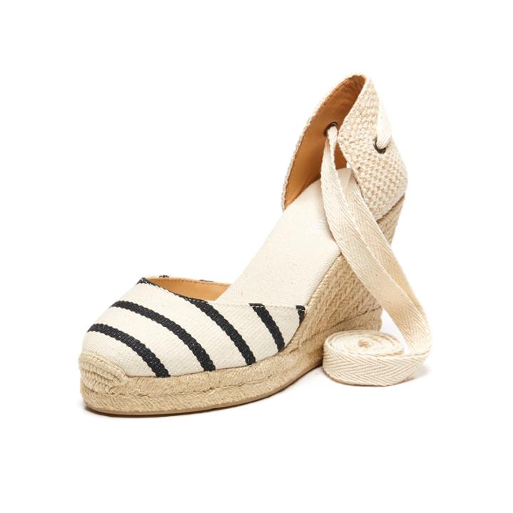 Soludos Classic Striped Canvas Espadrille Tall Wedge In Black/natural