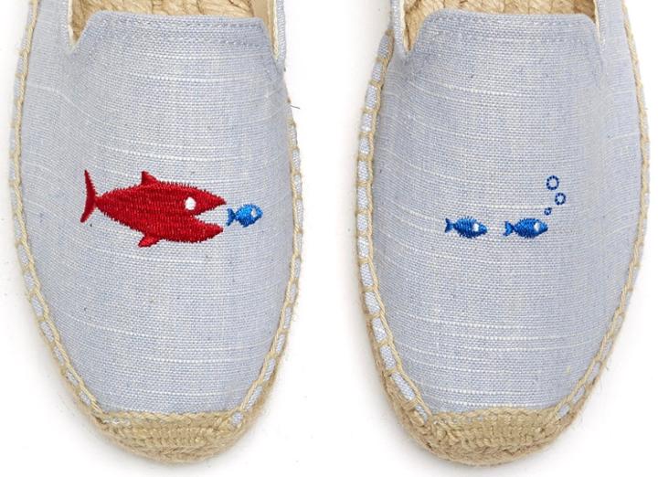 Soludos Mary Matson Hungry Fish Embroidered Platform Smoking Slipper In Light Blue Linen