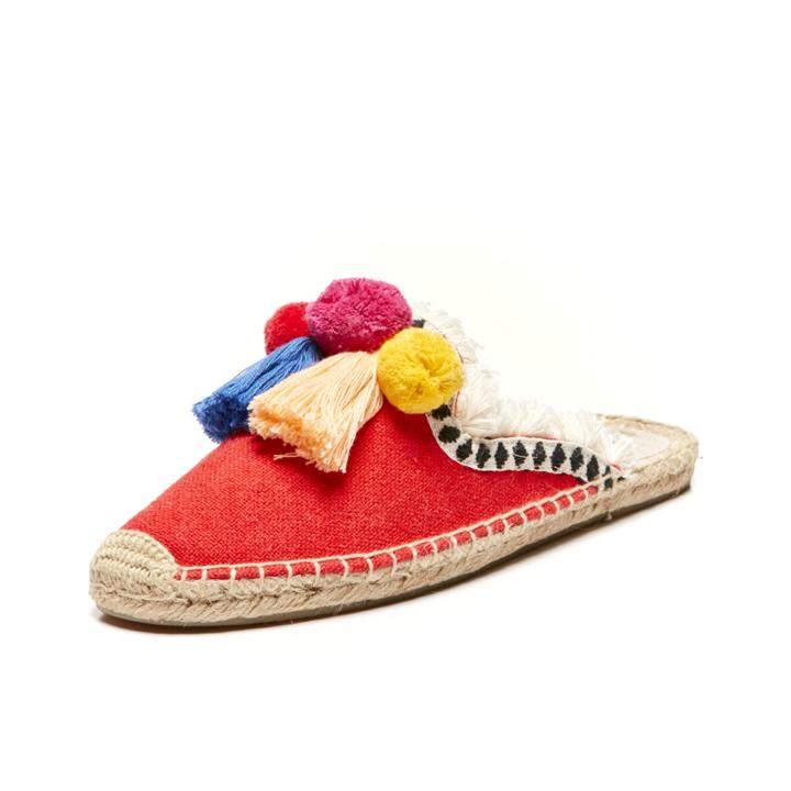 Soludos Frayed Edge Pompom Mule In Red Multi