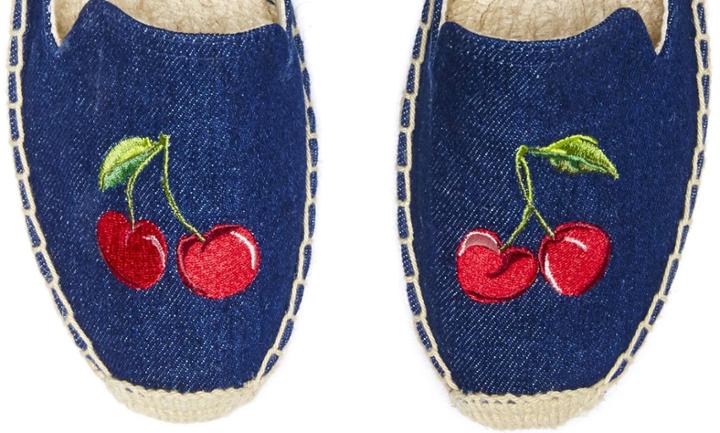 Soludos Ccherries Embroidered Smoking Slipper In Dark Denim
