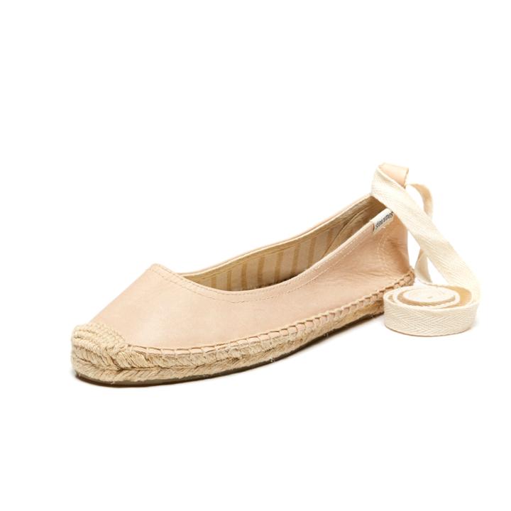Soludos Ballet Flat Ankle Tie Up In Nude Leather