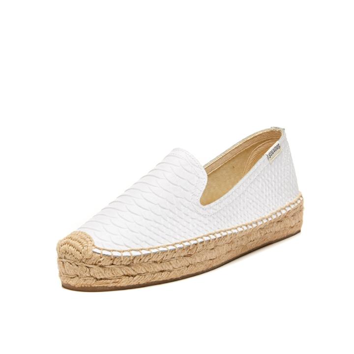 Soludos Snake Embossed Leather Pllatform Smoking Slipper In White
