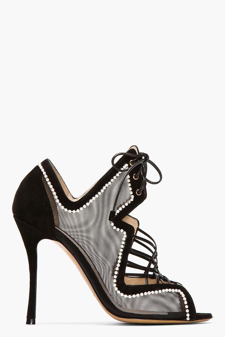 Nicholas Kirkwood Black Mesh And Pearl Lace-up Heels