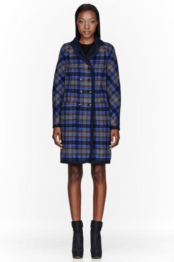 Marc By Marc Jacobs Navy Plaid Wool Reversible Gable Coat