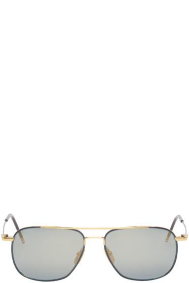 Thom Browne Gold And Navy Flash Aviator Sunglasses