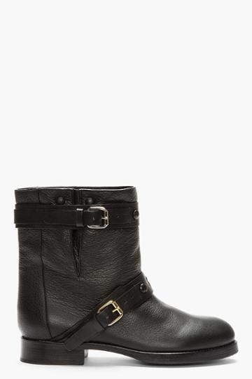Chloe Black Leather Double Buckle Moto Boots