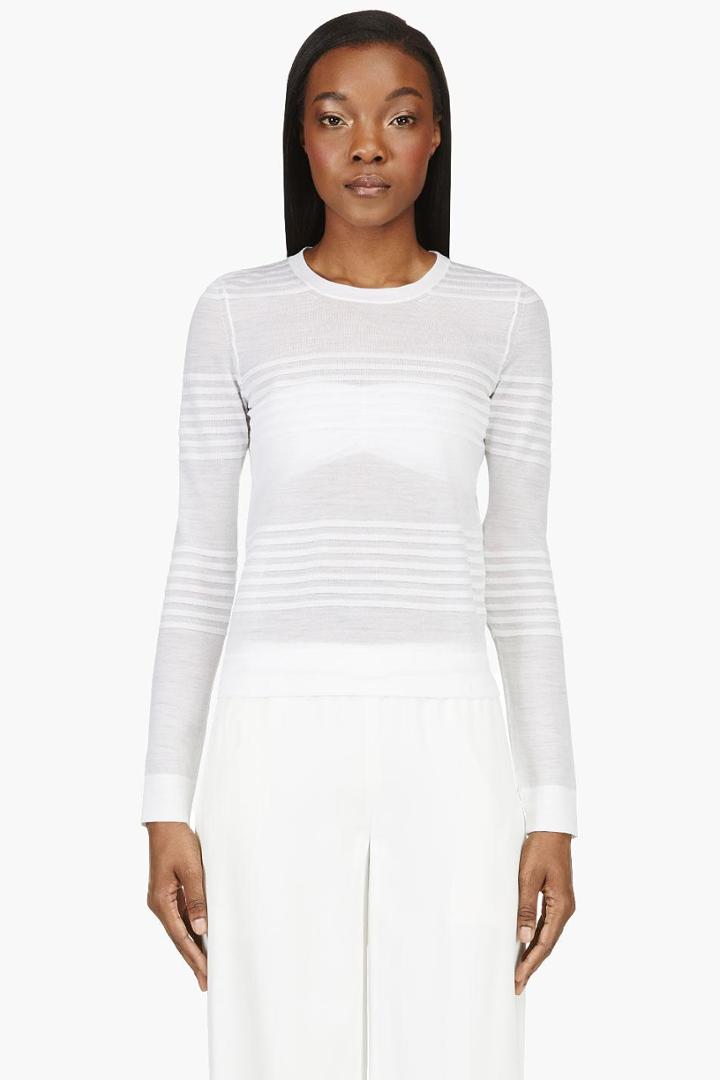 Calvin Klein Collection White Semi-sheer Engineered Stripes Sweater