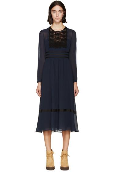 Burberry Prorsum Navy Silk And Lace Dress