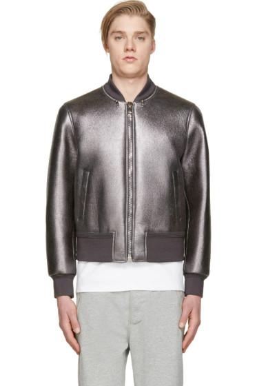 Neil Barrett Gunmetal Metalllic Leather Bomber Jacket