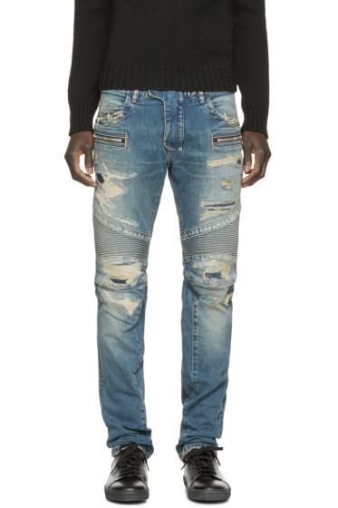 Balmain Blue Destroyed Biker Jeans