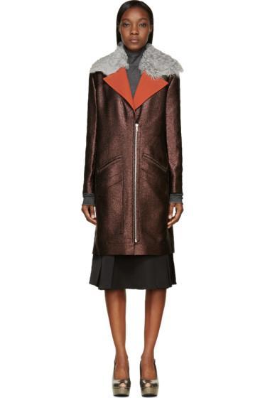 Rodarte Brown Shearling Collar Metallic Coat