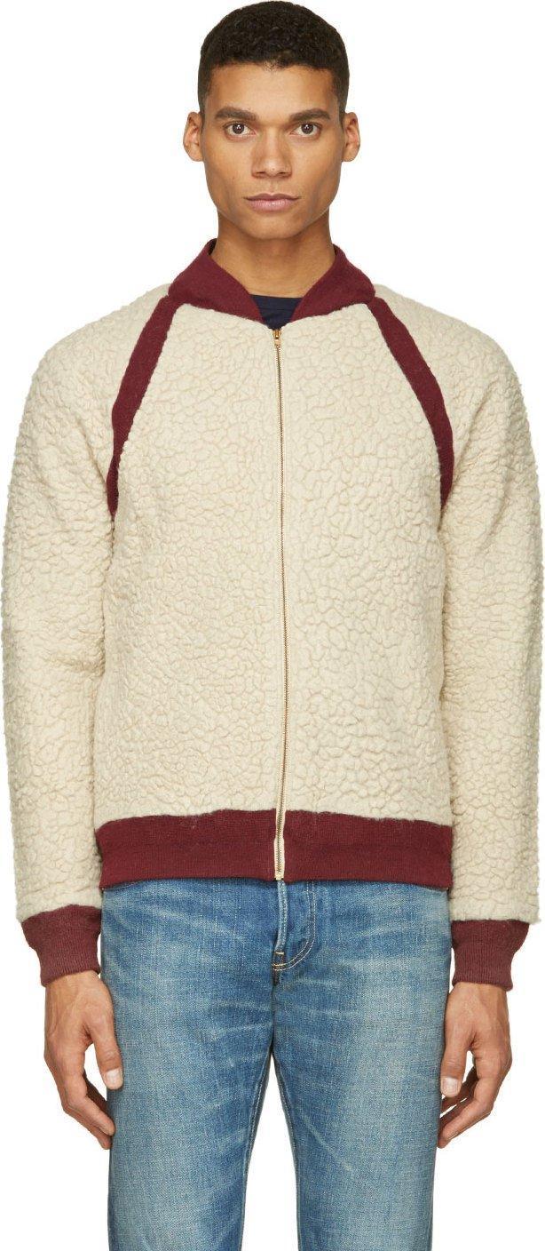 Visvim Ivory And Burgundy Alces Fleece Bomber Jacket