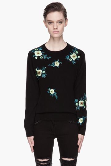 Christopher Kane Black Cashmere Floral Embroidered Sweater