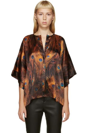 Givenchy Orange And Blue Satin Peacock Blouse