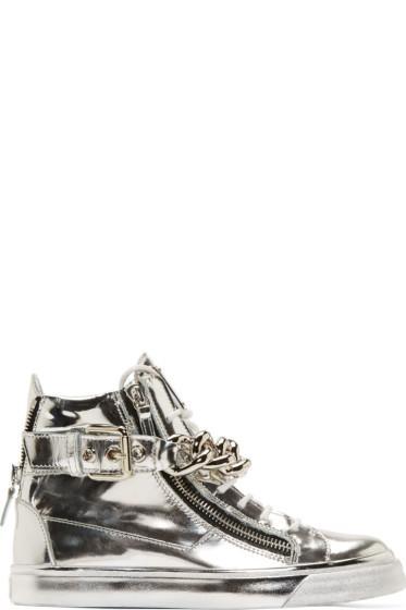 Giuseppe Zanotti Silver Mirrored Leather London High-top Sneakers