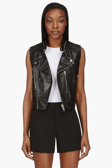 Golden Goose Black Leather Gile Susie Biker Vest