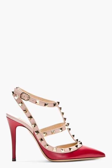 Valentino Burgundy And Rose Studded T-strap Heels