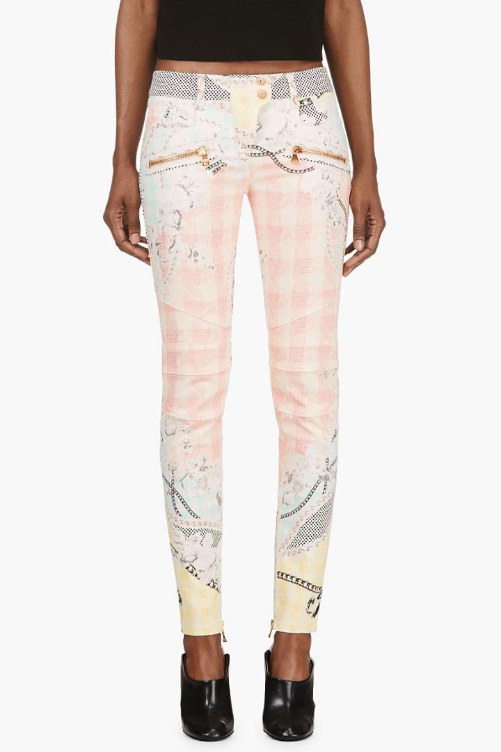 Balmain Pink Chain And Check Print Biker Jeans