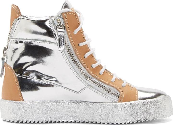 Giuseppe Zanotti Silver And Beige Leather May London Wedge Sneakers