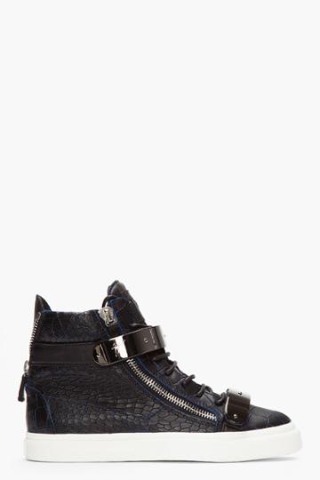 Giuseppe Zanotti Black And Navy Croc-embossed Leather London High-tops