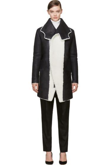 Anthony Vaccarello Black Shearling Irregular Collar Coat