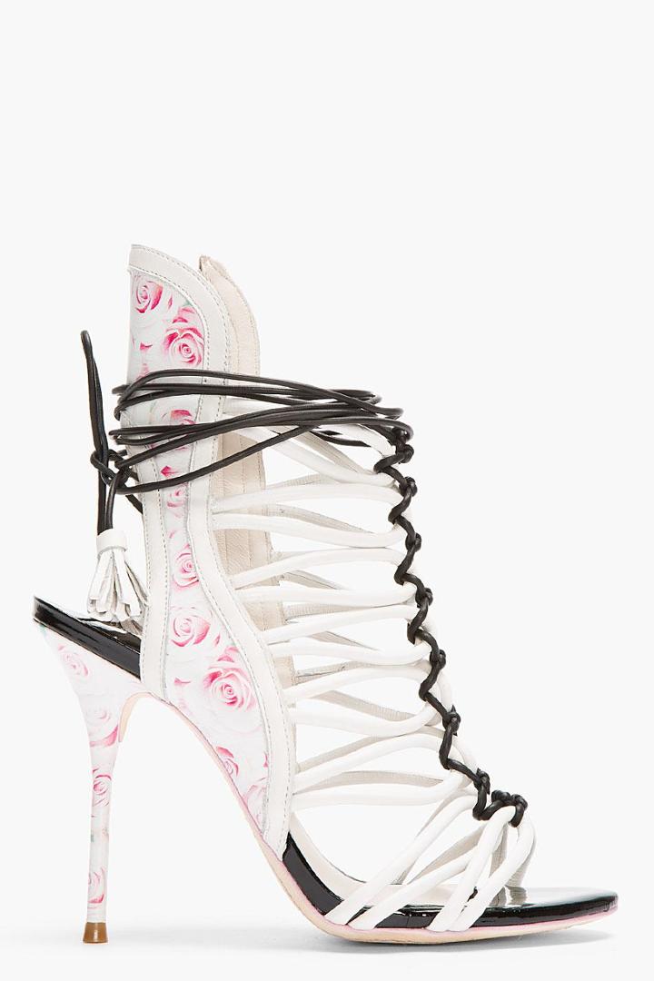 Sophia Webster Ivory Leather Rose Print Lacey Cage Heels