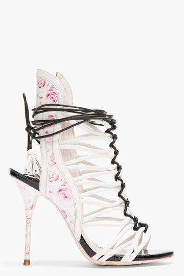 Sophia Webster Ivory Leather Rose Print Lacey Cage Heels
