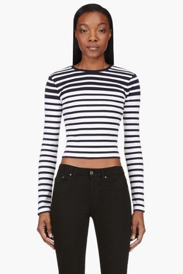 T By Alexander Wang Navy And White Striped Compact Cotton Engineered Stripe T-shirt