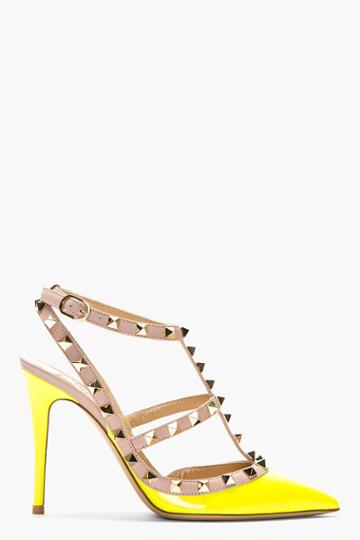 Valentino Neon Yellow Patent Rockstud Strapped Heels