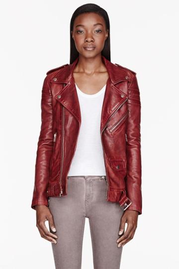 Blk Dnm Brick Red Leather Ribbed Biker Jacket