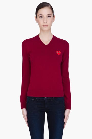 Comme Des Garons Play Burgundy V-neck Sweater