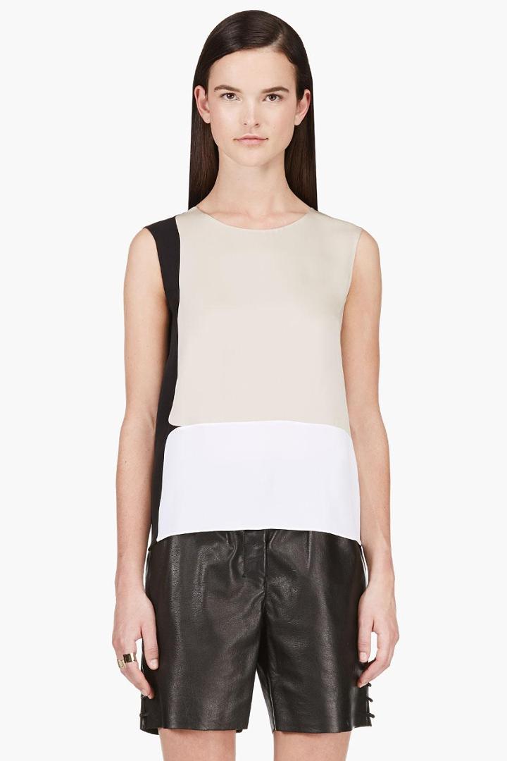 Calvin Klein Collection Beige Stretch Silk Satin Toral Blouse