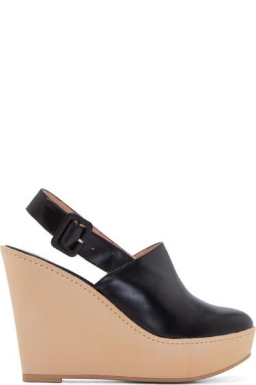 Robert Clergerie Black Leather French Wedge Mules